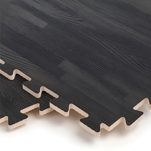 Alfombras de goma para gimnasio | Entrelazado - Puzzle | Fitness | Parquet negro - vista entrelazada de cerca