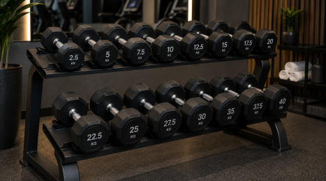 Juego de mancuernas de gimnasio profesional para hoteles y gimnasios boutique: diseño y funcionalidad en tan solo unos pocos metros cuadrados