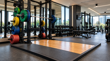 Plataforma de levantamiento en un gimnasio profesional: distribución, distancias y protección del suelo