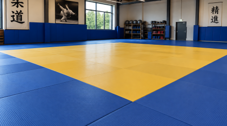 Tatami de judo en un gimnasio profesional: distribución, ribeteado e instalación