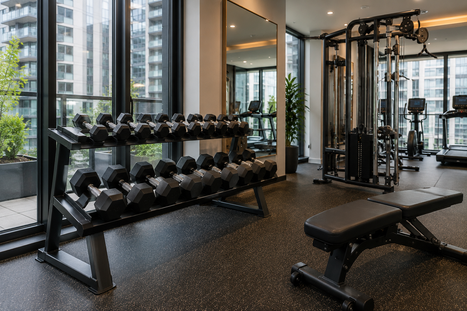 Mancuernas para el gimnasio del edificio: seguridad y silencio en las zonas comunes de fitness