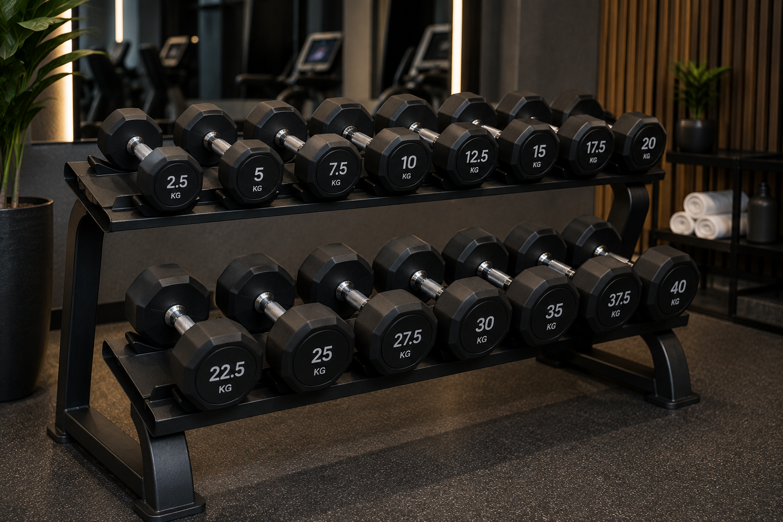 Juego de mancuernas de gimnasio profesional para hoteles y gimnasios boutique: diseño y funcionalidad en tan solo unos pocos metros cuadrados