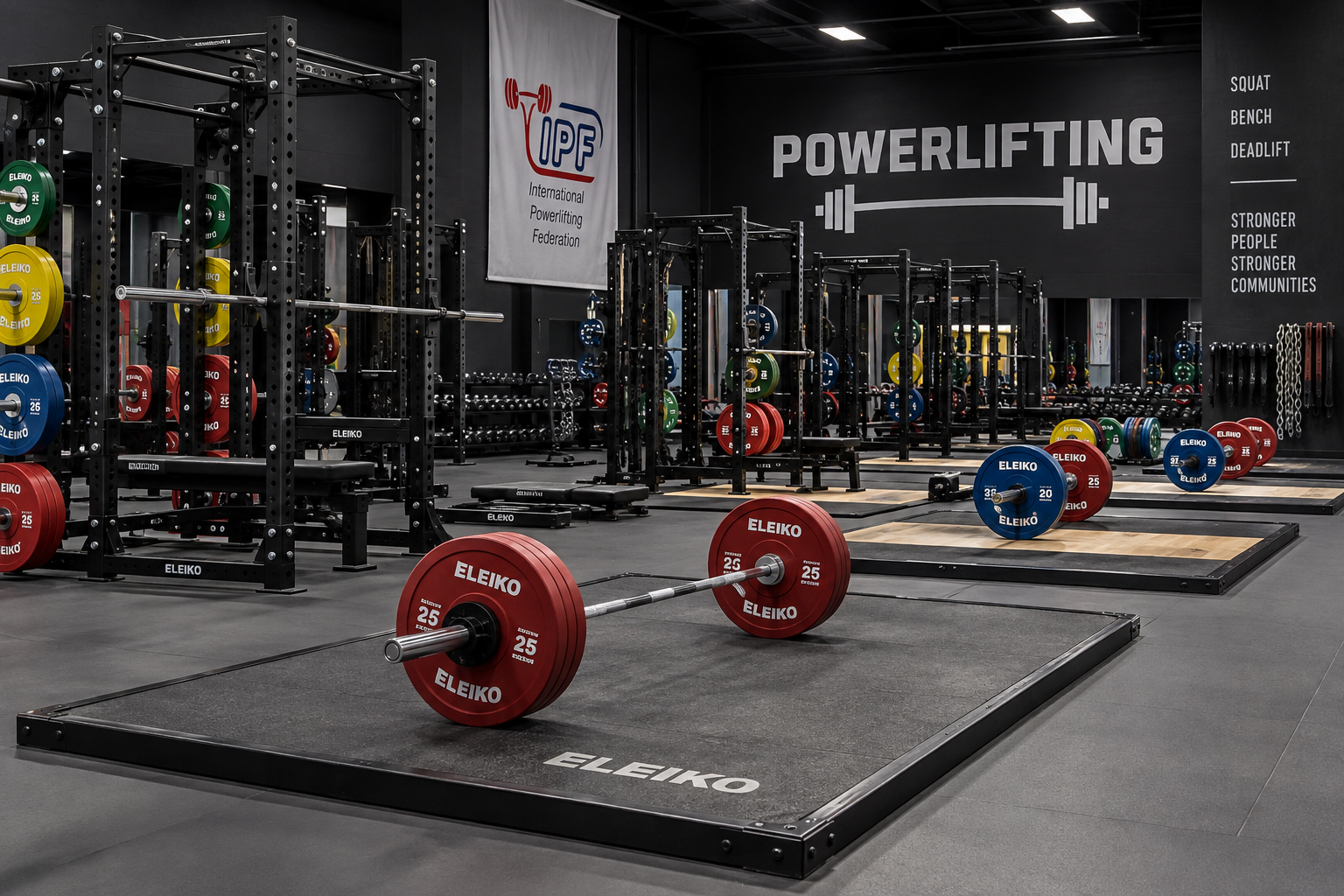Attrezzatura powerlifting in palestra professionale: layout, piattaforme e stoccaggio