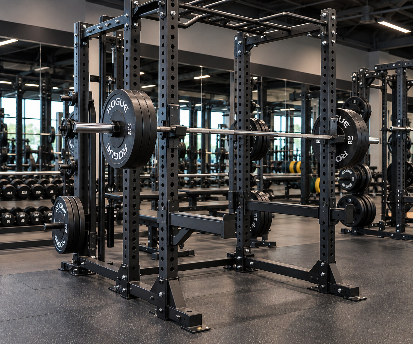 Power rack en un gimnasio profesional: disposición, fijación y distancias