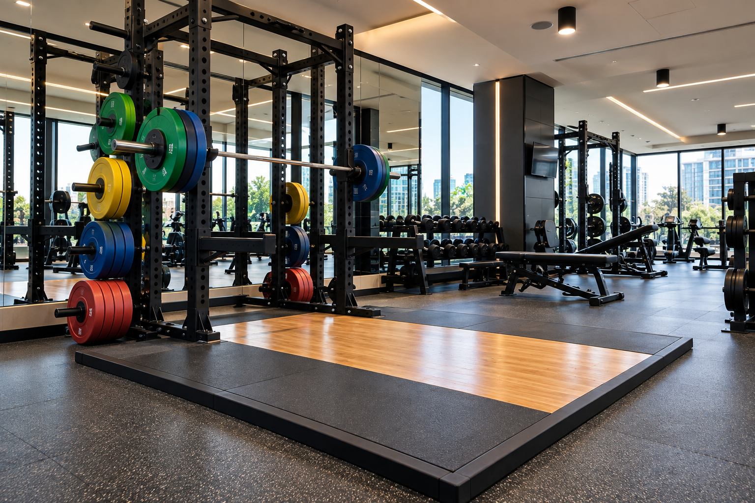 Plataforma de levantamiento en un gimnasio profesional: distribución, distancias y protección del suelo