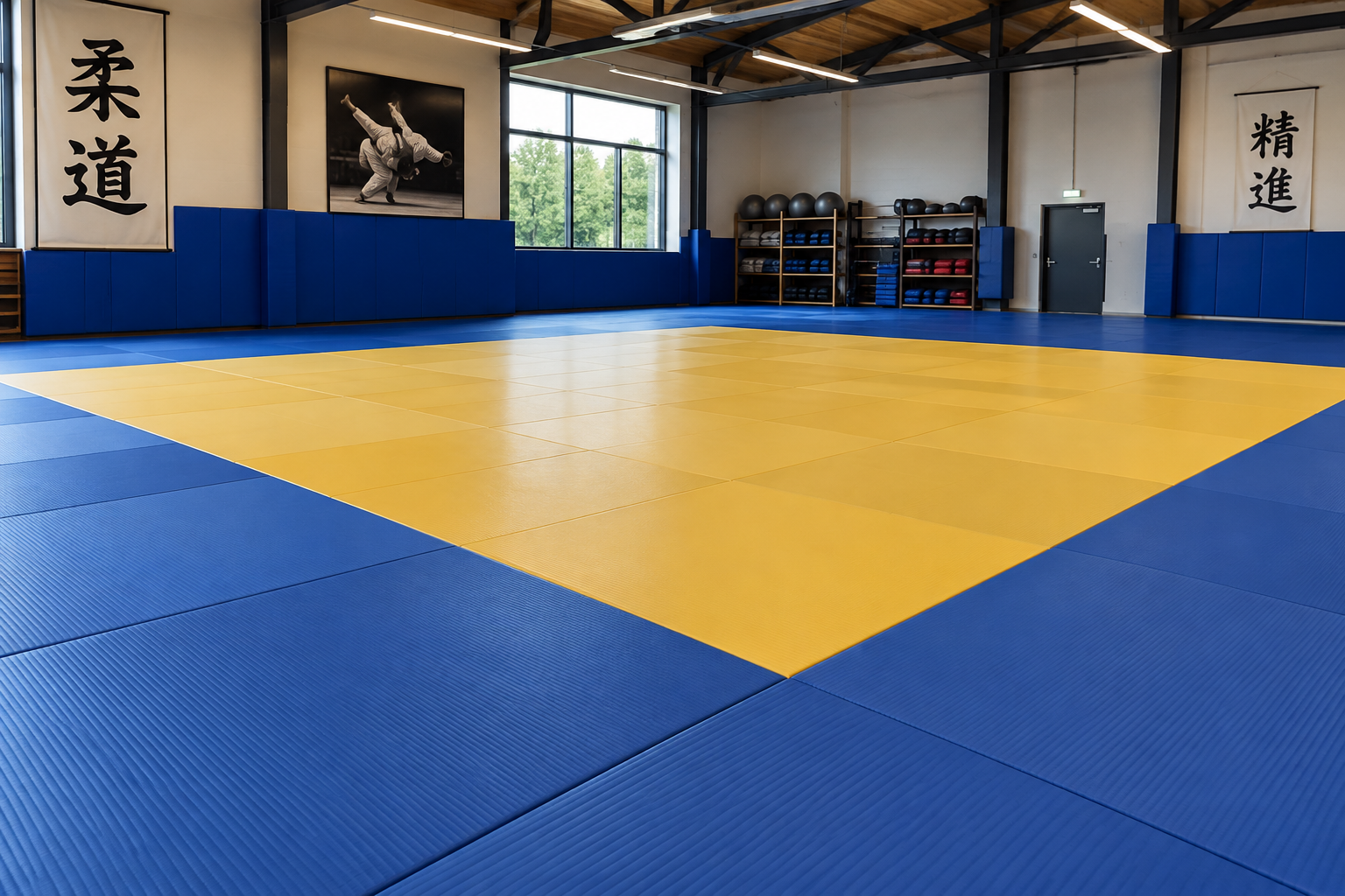 Tatami de judo en un gimnasio profesional: distribución, ribeteado e instalación