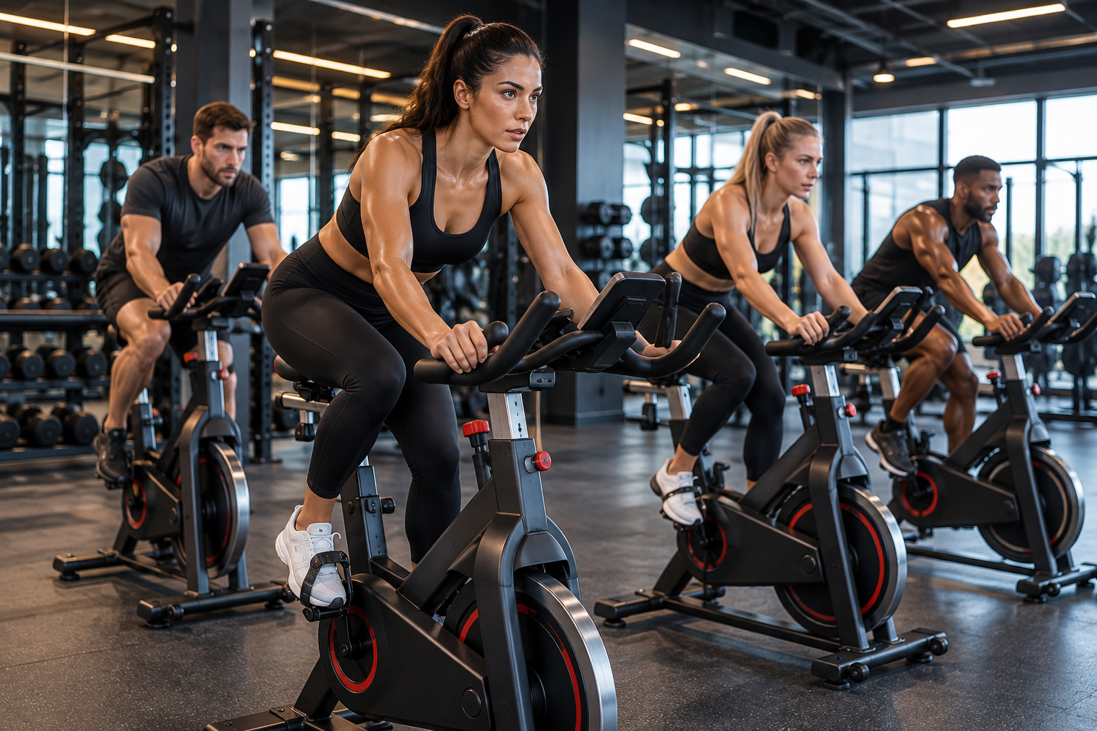 Ciclismo indoor en un gimnasio profesional: distribución de la sala, ventilación y sistema de sonido