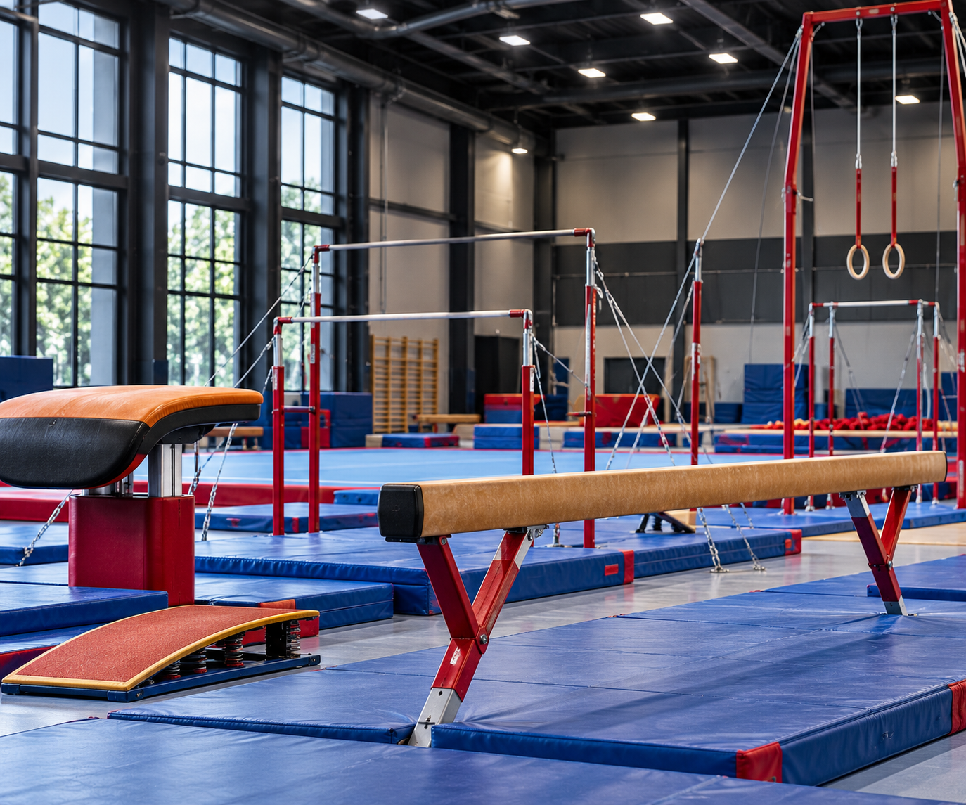 Equipamiento de gimnasia artística en un gimnasio profesional: guía sobre la distribución, los anclajes y la documentación